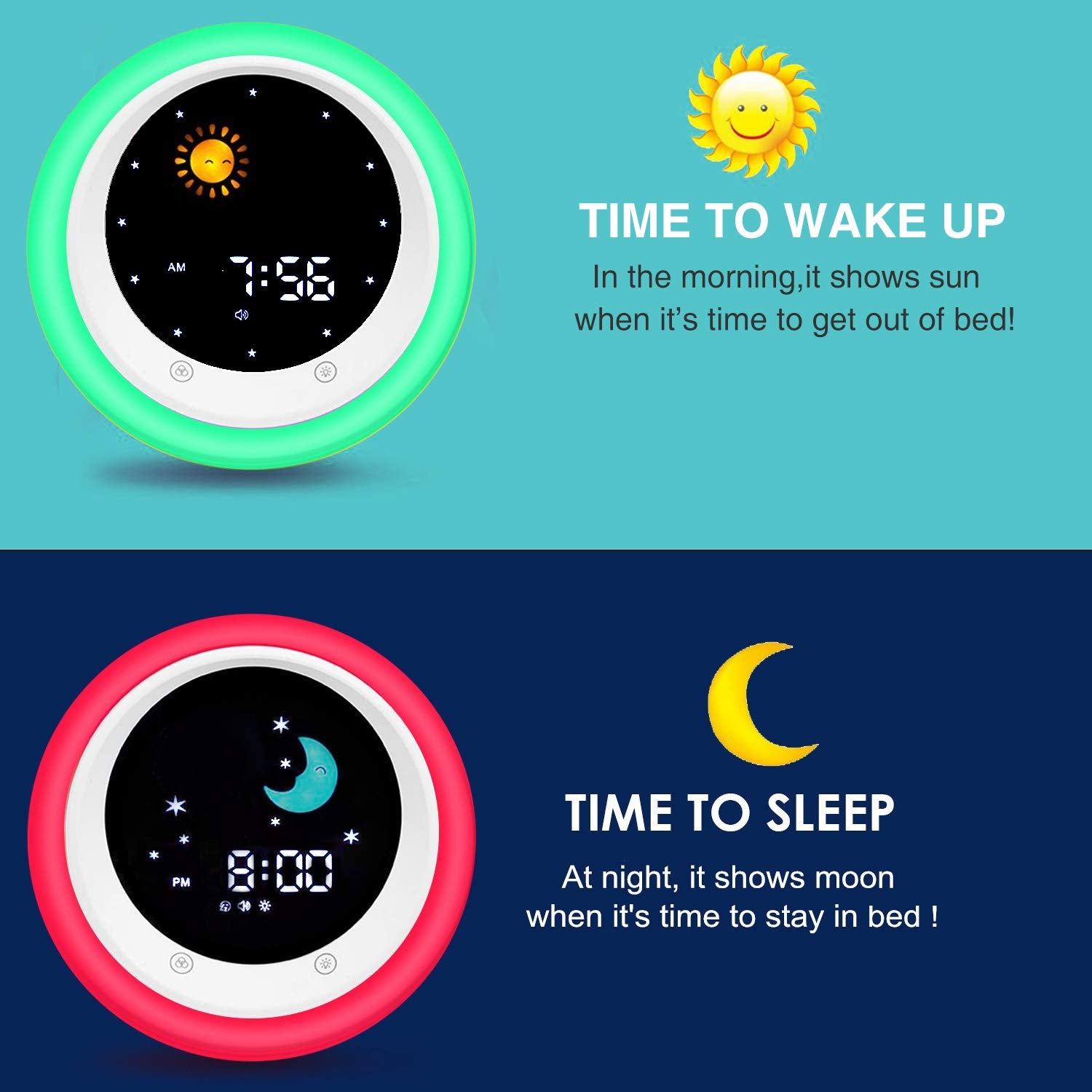 I.CODE Sun & Moon Rise Kids Alarm Clock, Children's Sleep Trainer ,Sleep Sound Machine, Wake Up Light & Night Light ,Teach Kids Day & Night