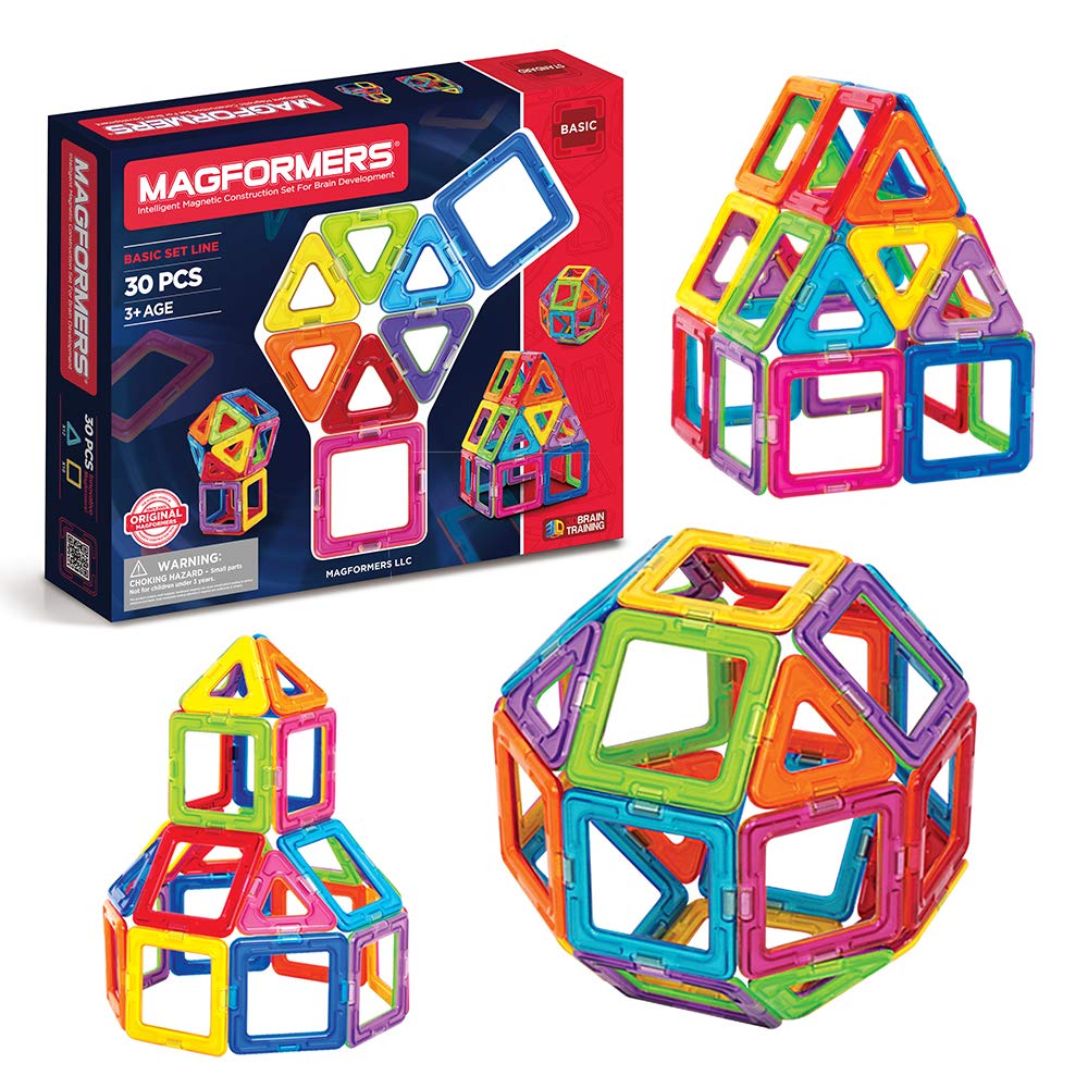 Magformers Basic Set (30 pieces) magnetic building blocks, educational magnetic tiles, magnetic building STEM toy - 63076 , Rainbow