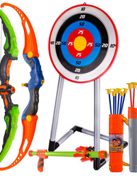 CAPTAIN CHAOWING Bow and Arrow for Kids, Archery Toy Set, 2 Bows & 1 Blowing Bow & 12 Arrows & 5 Quivers & Standing Target, Outdoor Toys for Children Boys Girls
