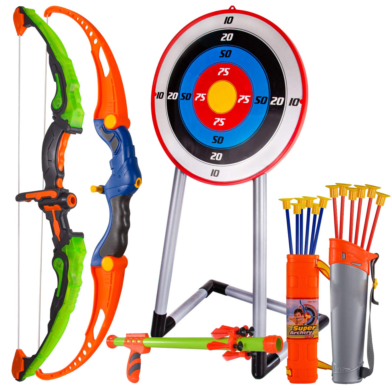 CAPTAIN CHAOWING Bow and Arrow for Kids, Archery Toy Set, 2 Bows & 1 Blowing Bow & 12 Arrows & 5 Quivers & Standing Target, Outdoor Toys for Children Boys Girls