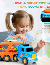 9 pcs Cars Toys for 2 3 4 5 Years Old Toddlers, Big Carrier Truck with 8 Small Cartoon Pull Back Cars, Colorful Assorted Vehicles, Transport Truck with Sound and Light, Best Gift for Boy and Girl
