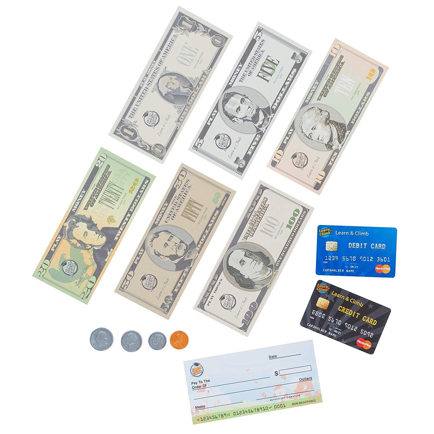 Play Money for kids – Looks Real Play Money Set for Pretend Play & Learning. Contains: Bills, Coins, Credit & Debit Cards and Checkbook