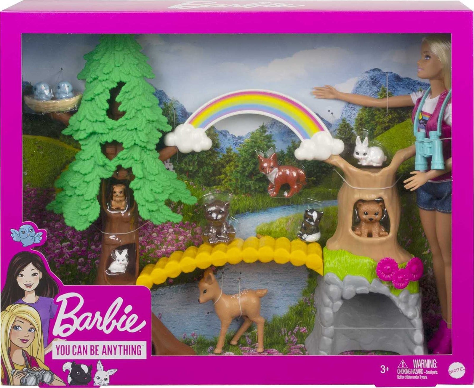 Barbie Wilderness Guide Interactive Playset with Blonde Doll (12-in), Outdoor Tree, Bridge, Overhead Rainbow, 10 Animals & More, Great Gift for Ages 3 Years Old & Up