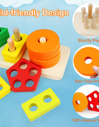 Montessori Toys for 1 to 3-Year-Old Boys Girls Toddlers, Wooden Sorting & Stacking Toys for Toddlers and Kids Preschool, Educational Toys, Color Recognition Stacker Shape Sorter, Learning Puzzles Gift
