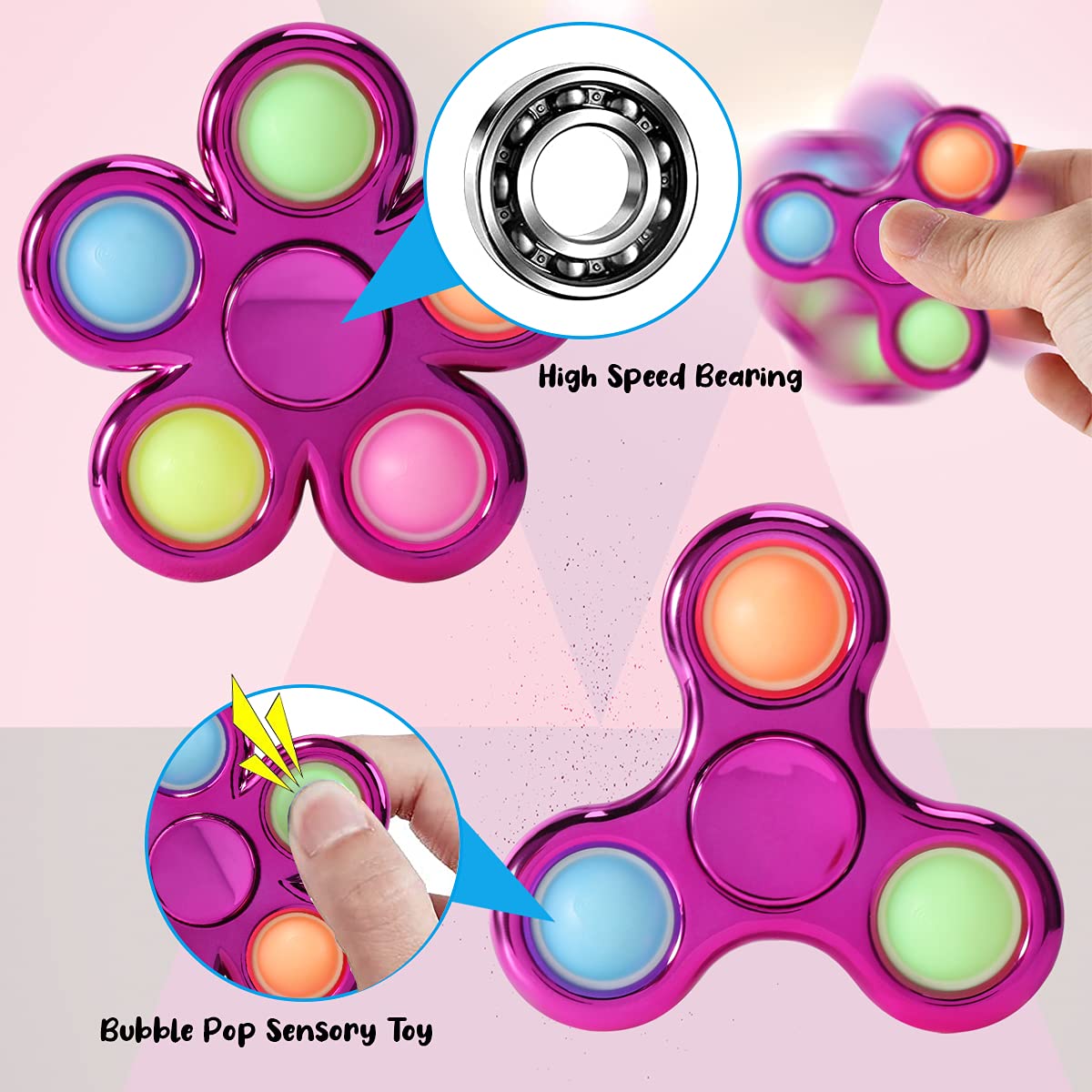 FIGROL Pop Simple Fidget Spinner 3 Pack, Push Bubble Metal-Looking Fidget Spinners, Pop Bubble Rainbow Fidget Toys Spinners for ADHD Anxiety,Stress Relief Sensory Toy Party Favor for Kids