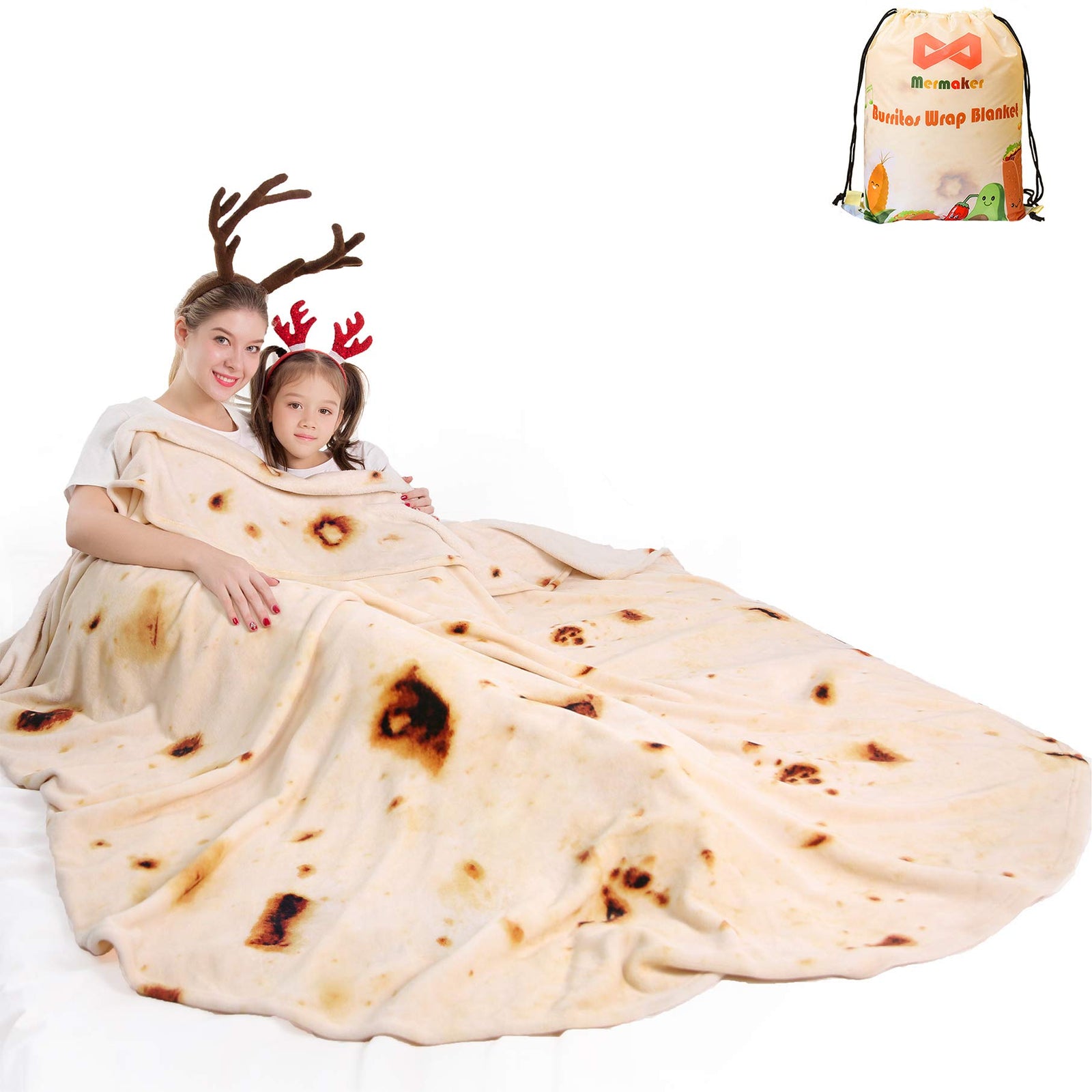 mermaker Burritos Tortilla Blanket 2.0 Double Sided 71 inches for Adult and Kids, Giant Funny Realistic Food Throw Blankets, 285 GSM Novelty Soft Flannel Taco Blanket (Yellow Blanket-Double Sided)