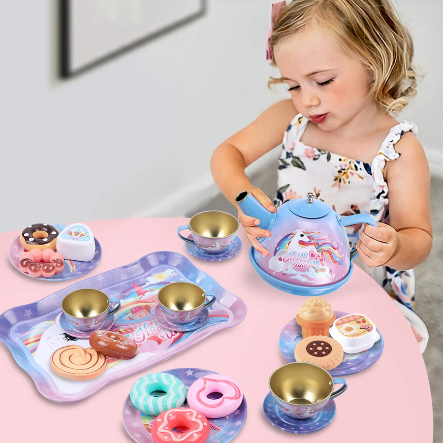 Golray 27Pcs Kids Tea Party Set for Little Girls Unicorn Gift Pretend Toy Tin Tea Set & Carrying Case & Food Sweet Treats Playset, Princess Tea Time Kitchen Pretend Play Tea Set Toys