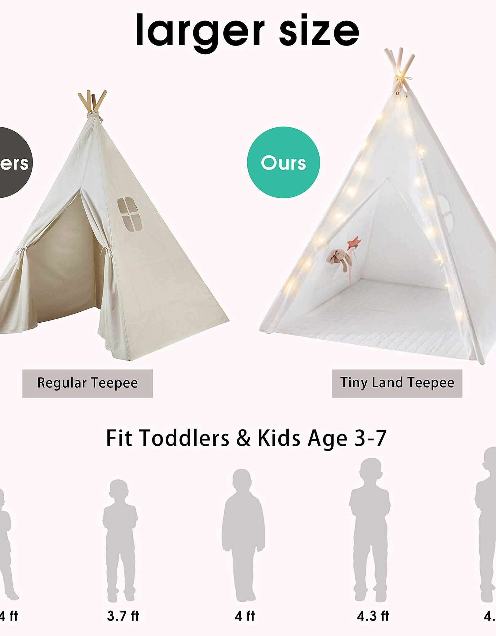Tiny Land Kids Teepee Tent with Mat & Light String & Carry Case-Kids Foldable Play Tent-Toys for Girls Indoor Outdoor Games, Raw White Canvas Teepee-Kids Playhouse-Portable Kids Tent