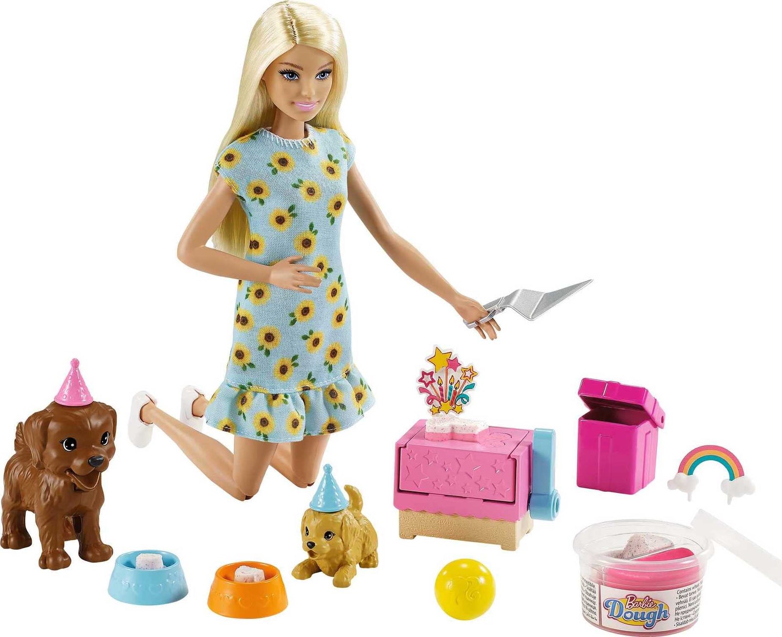 Barbie Doll (11.5-inch Blonde) and Puppy Party Playset with 2 Pet Puppies, Dough, Cake Mold and Accessories, Gift for 3 to 7 Year Olds