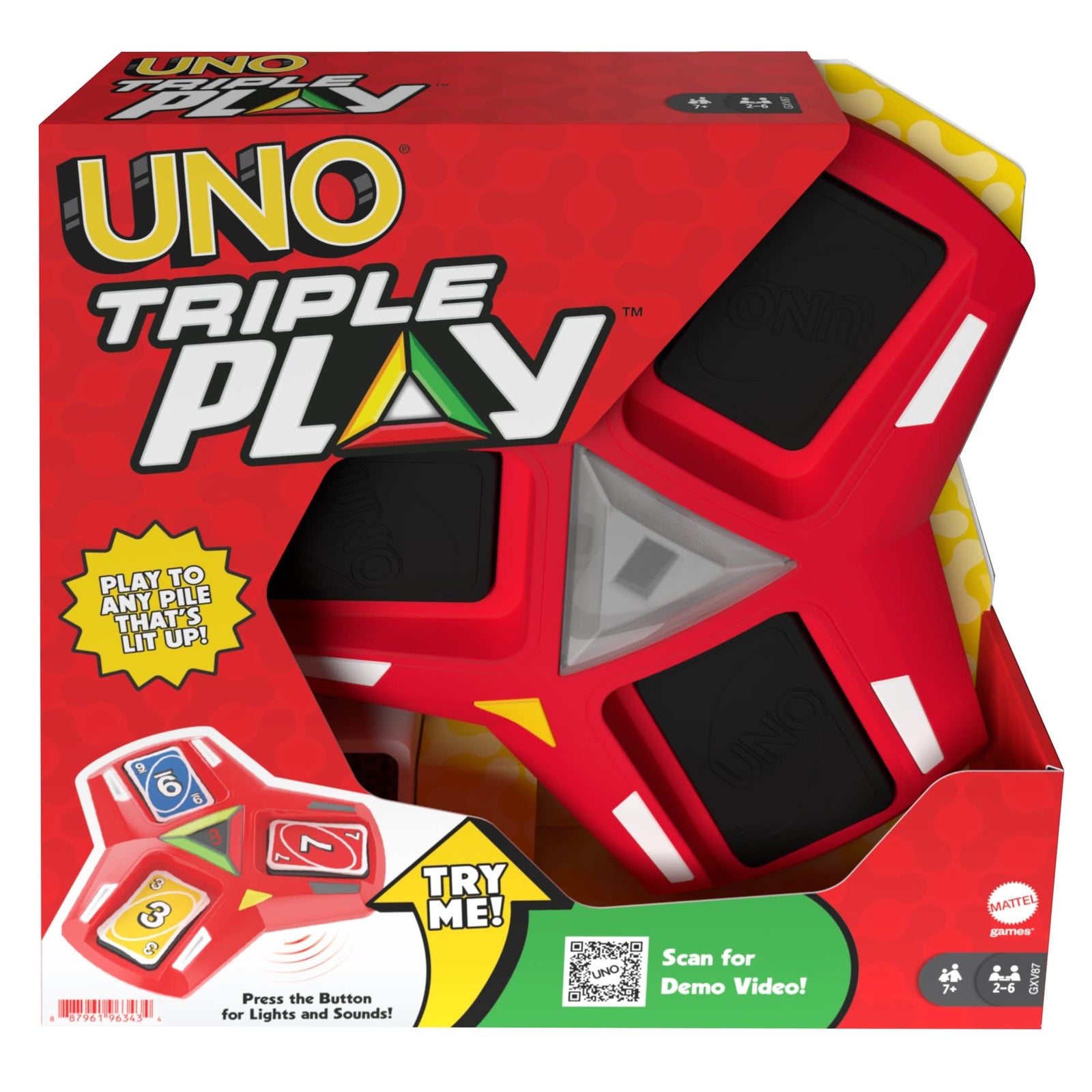 Mattel UNO Triple Play Card Game with Card-Holder Unit with Lights & Sounds & 112 Cards, Kid, Teen & Adult Game Night Gift Ages 7 Years & Older
