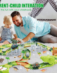 174 PCS Dinosaur Toys Race Track, Flexible Train Tracks with 8 Dinosaurs Figures, 2 Electric Race Cars Vehicle Playset with Lights to Create A Dinosaur World Road Race for Toddlers Kids Boys Girls

