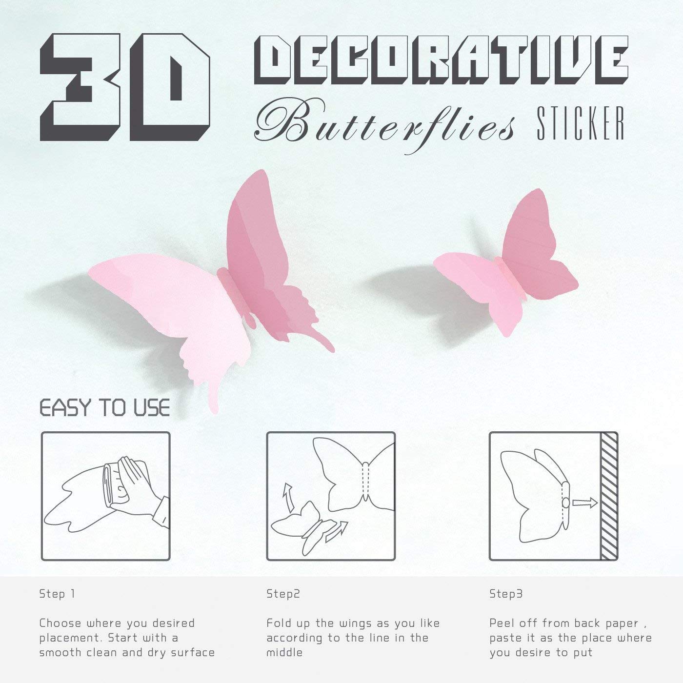 24pcs 3D Butterfly Removable Mural Stickers Wall Stickers Decal for Home and Room Decoration (Pink)