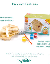 Toysmith Beetle & Bee Build A Bird Bungalow - DIY Kid Art Craft Outdoor Birdhouse Kit, 6" x 4" x 6", Hardware & glue included- 4 Paints, 1 Brush, 7 Wooden Pcs, Chain for Tree Hanging, Age 5+
