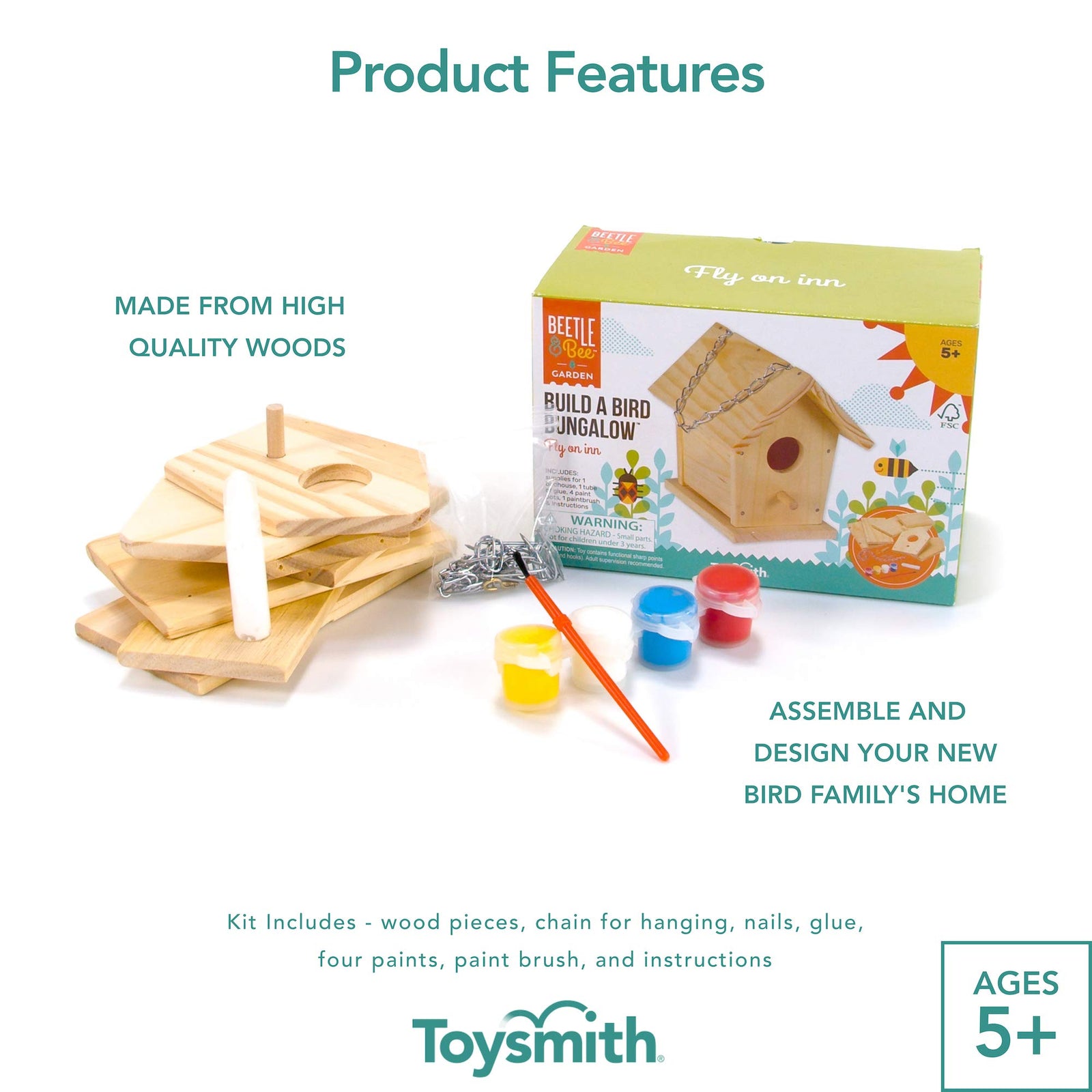 Toysmith Beetle & Bee Build A Bird Bungalow - DIY Kid Art Craft Outdoor Birdhouse Kit, 6" x 4" x 6", Hardware & glue included- 4 Paints, 1 Brush, 7 Wooden Pcs, Chain for Tree Hanging, Age 5+
