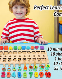 CozyBomB Wooden Number Puzzle Sorting Montessori Toys for Toddlers - Shape Sorter Counting Game for Age 3 4 5 Year olds Kids - Preschool Education Math Stacking Block Learning Wood Chunky Jigsaw
