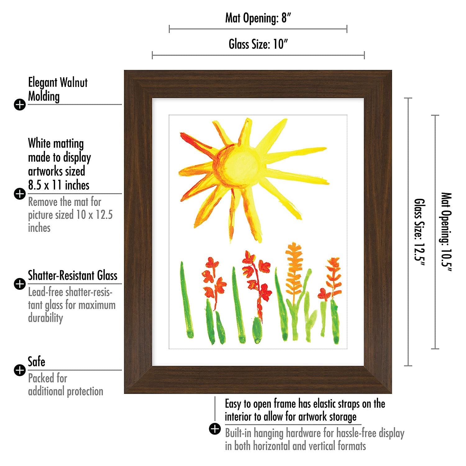 Americanflat 10x12.5 Kids Artwork Picture Frame in Black- Displays 8.5x11 With Mat and 10x12.5 Without Mat - Composite Wood with Shatter Resistant Glass - Horizontal and Vertical Formats