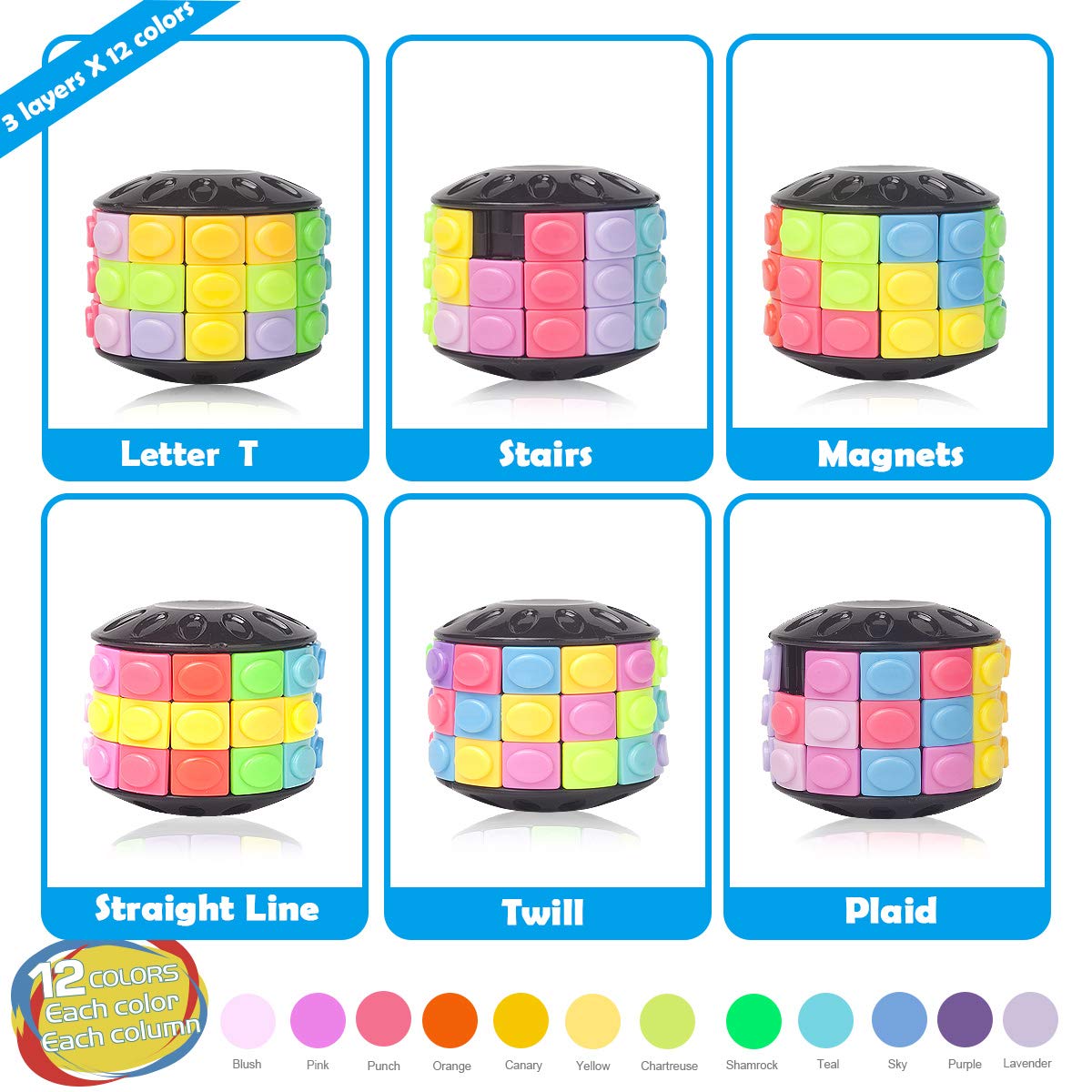 R.Y.TOYS Fidget Toys for Adults/Teens/Boys/Girls,Rotate & Slide Puzzle,Brain Teaser,Cylinder Magic Cube Gift,Birthday Present(12 Colors x 10 Layers) Upgrade