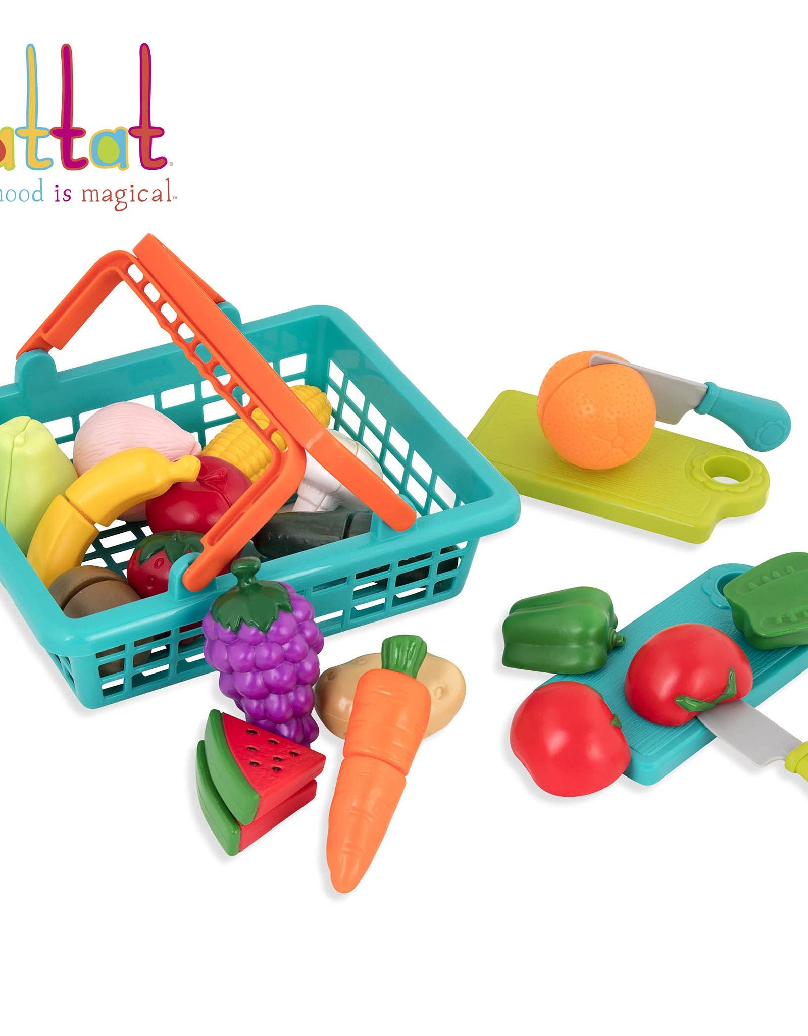 Battat – Farmers Market Basket – Toy Kitchen Accessories – Pretend Cutting Play Food Set for Toddlers 3 Years + (37-Pcs)