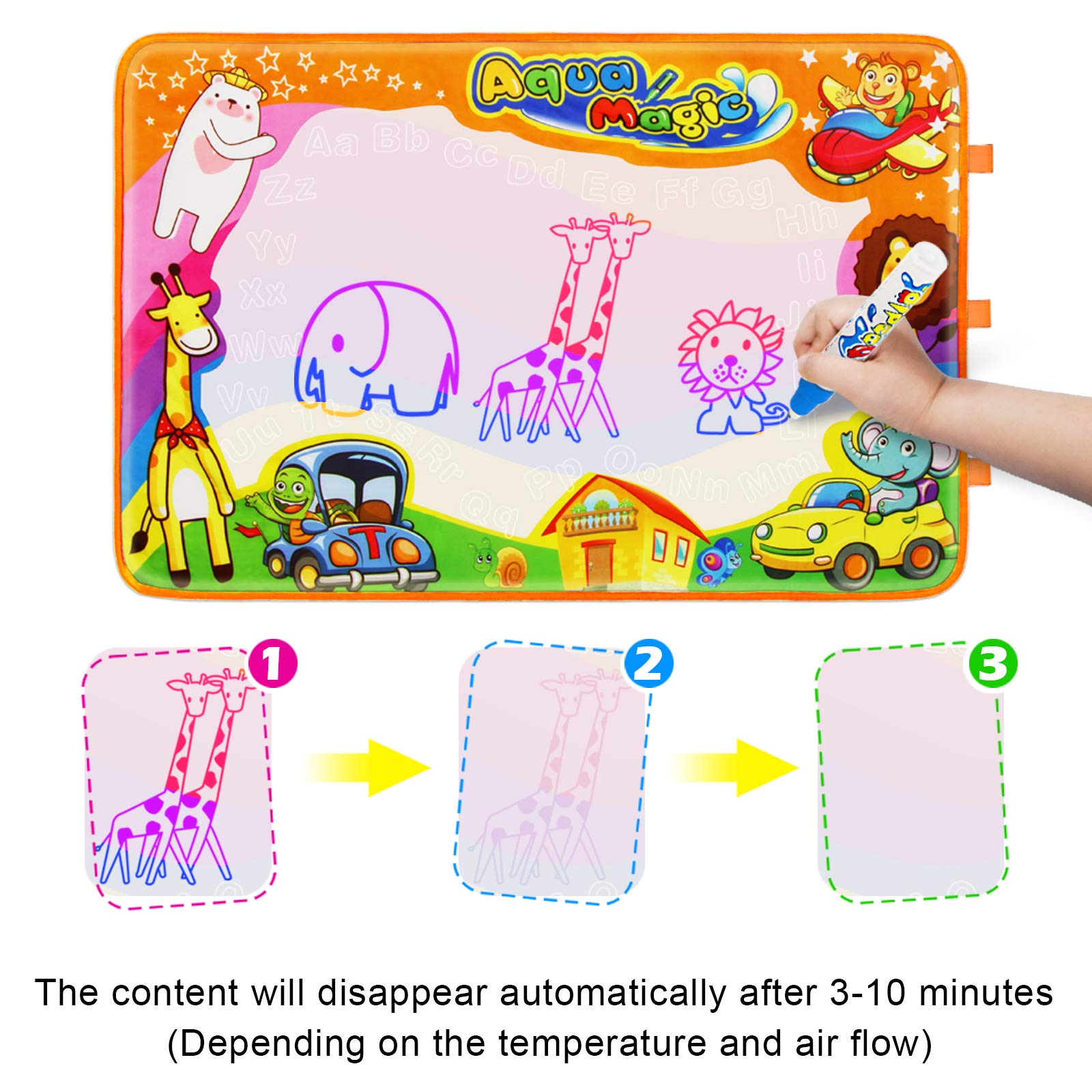 Betheaces Water Drawing Mat Aqua Magic Doodle Kids Toys Mess Free Coloring Painting Educational Writing Mats Xmas Gift for Toddlers Boys Girls Age of 3,4,5,6,7 Year Old 34.5" X 22.5" in 6 Colors