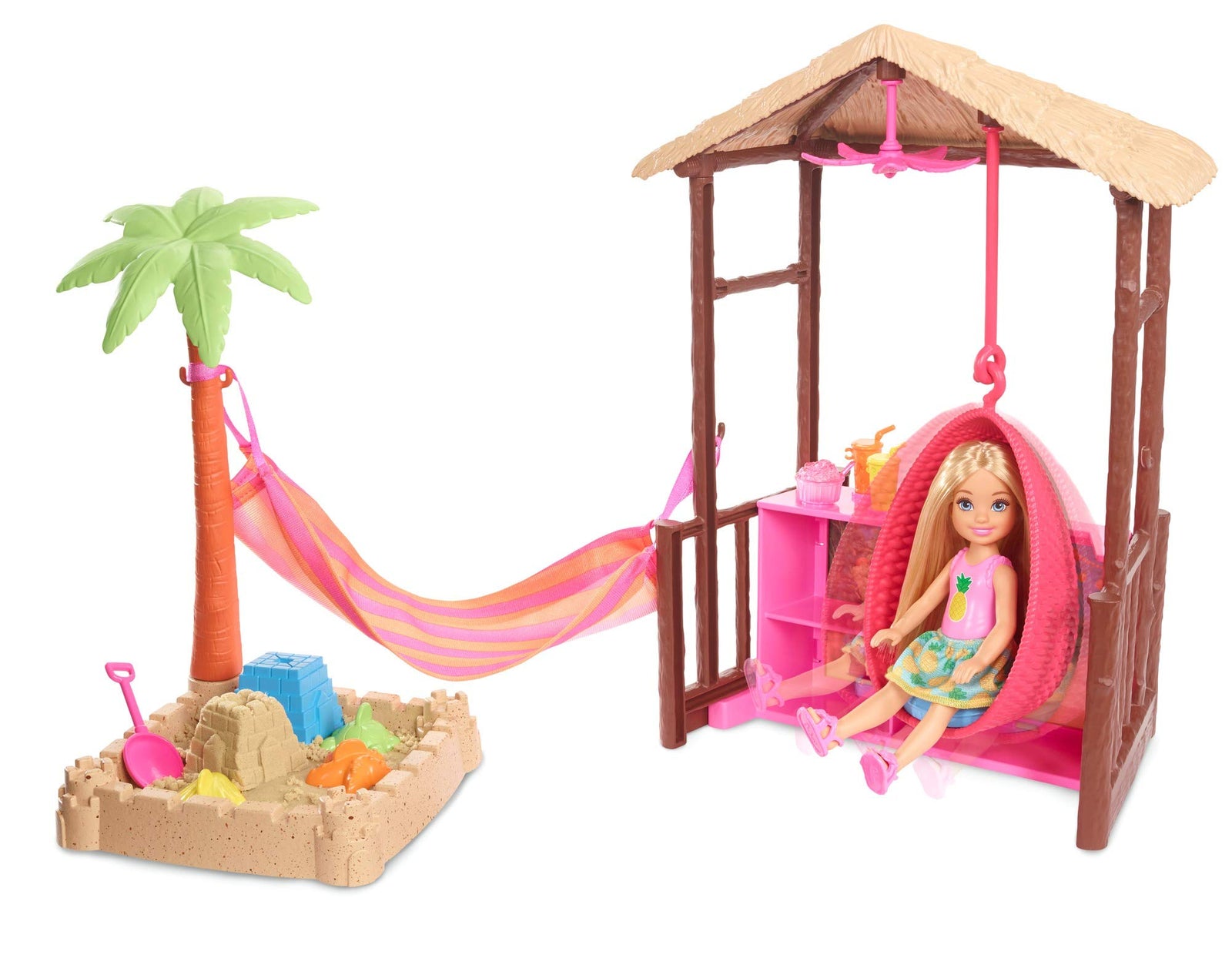 Barbie Chelsea Doll and Tiki Hut Playset with 6-inch Blonde Doll, Hut with Swing, Hammock, Moldable Sand, 4 Molds and 4 Storytelling Pieces, Gift for 3 to 7 Year Olds [Amazon Exclusive]