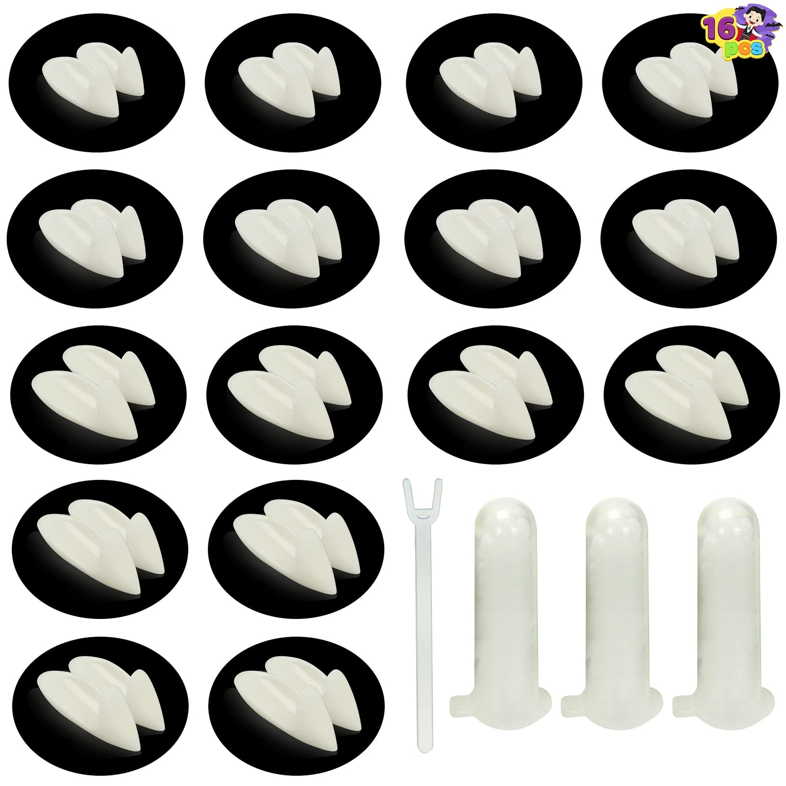 16 Pairs Vampire Fangs fake Teeth 4 sizes for Halloween Cosplay kids and adults Prop Decoration Vampire Tooth White Horror 13mm, 15mm, 17mm, 19mm False Teeth - 4 Sizes Dress Up Accessories