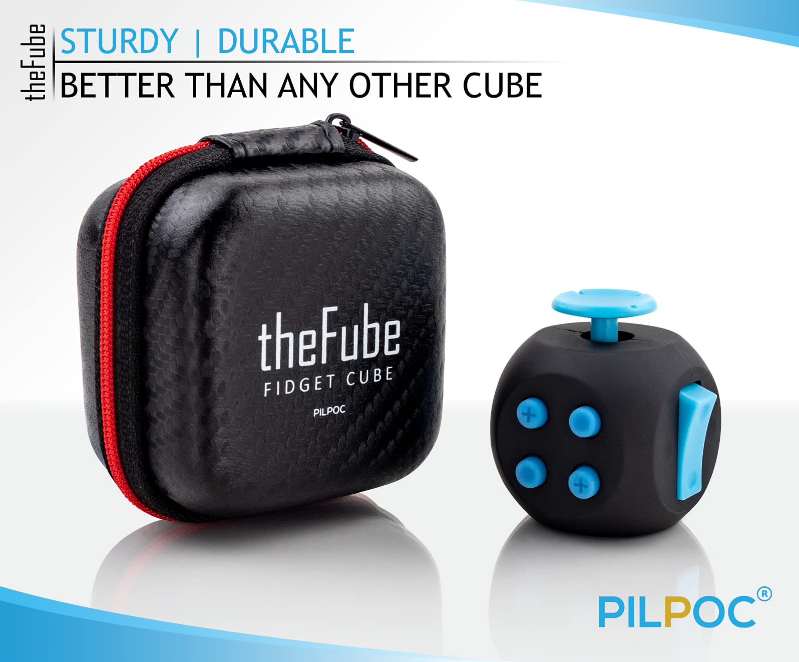 PILPOC theFube Fidget Cube - Premium Quality Fidget Cube with Exclusive Protective Case, Stress Cube, Stress Relieve Toy, Reduce Anxiety, for ADHD, OCD, Autism (Black & Light Blue)