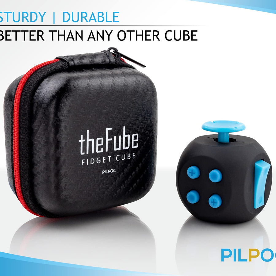 PILPOC theFube Fidget Cube - Premium Quality Fidget Cube with Exclusive Protective Case, Stress Cube, Stress Relieve Toy, Reduce Anxiety, for ADHD, OCD, Autism (Black & Light Blue)