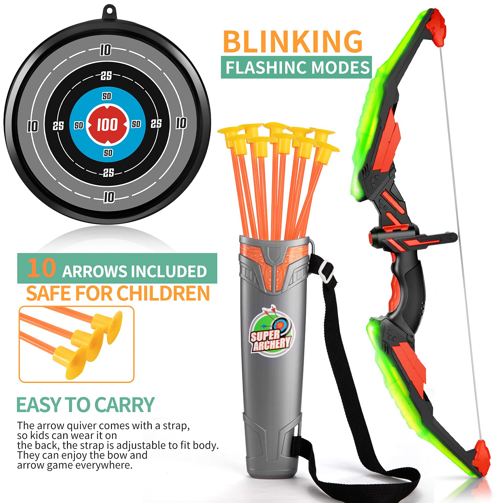 TMEI Bow and Arrow Set for Kids - Archery Toy Set - LED Light Up with 10 Suction Cup Arrows, Target & Quiver, Indoor and Outdoor Toys for Children Boys Girls