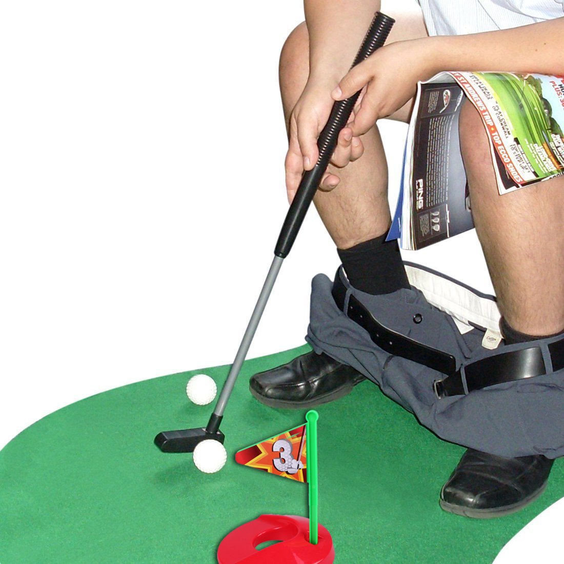 Toilet Golf Potty Time Putter Game - Funny White Elephant Gag Gifts for Adults Men Dad - Stupid Pranks Joke Dirty Christmas Holiday Present Exchange Ideas - Mini Bathroom Putting Green Mat Toy Set