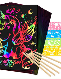Mocoosy 60Pcs Scratch Art Paper for Kids - Rainbow Magic Scratch Off Paper Art Craft Kit Black Scratch Paper Sheets with 4 Stencils 5 Wooden Stylus for Party Favor Game Activities Christmas Gifts
