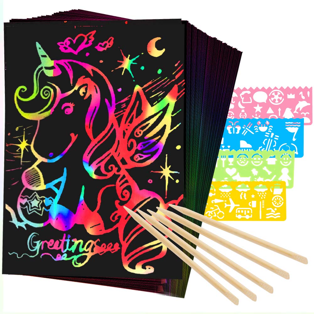 Mocoosy 60Pcs Scratch Art Paper for Kids - Rainbow Magic Scratch Off Paper Art Craft Kit Black Scratch Paper Sheets with 4 Stencils 5 Wooden Stylus for Party Favor Game Activities Christmas Gifts
