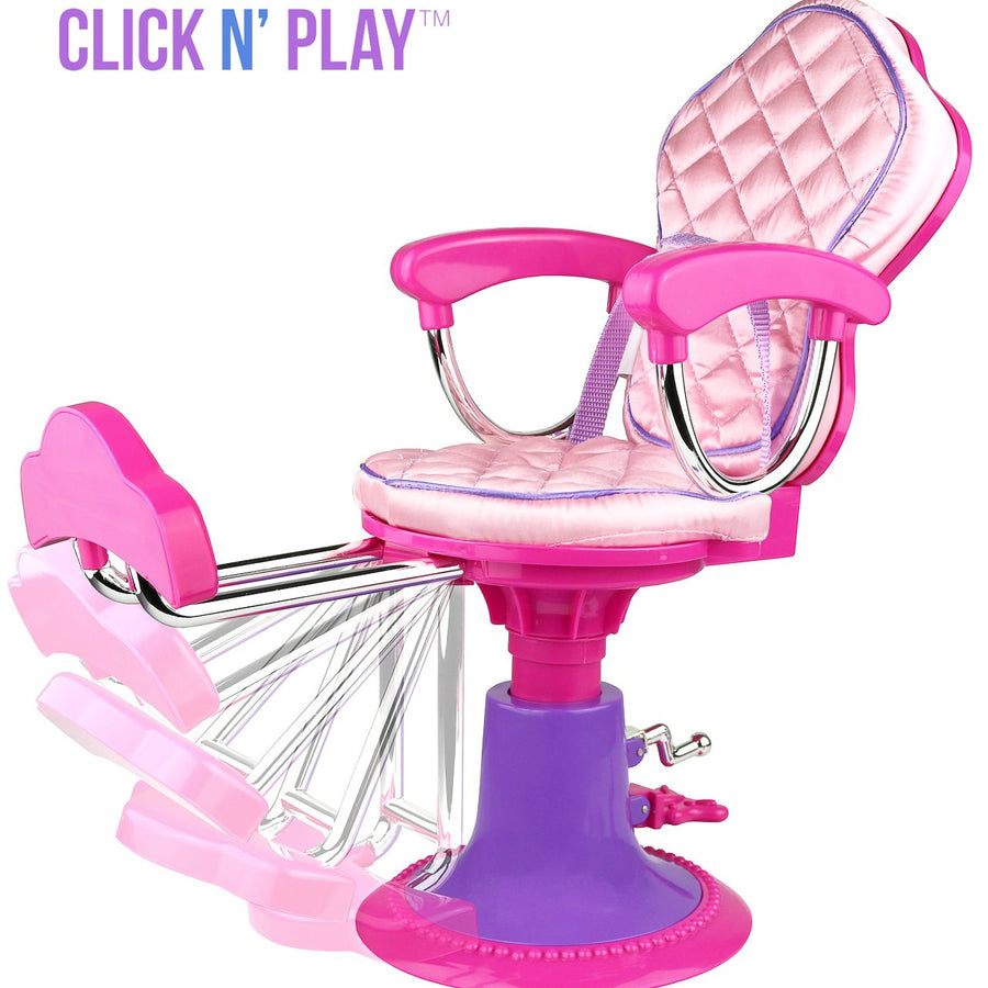 Pretend Play Hair Salon Toy for Girls, Click N' Play Doll Salon Chair with 8 Doll Hair Accessories, Includes Chair, Hair Brush, 2 Hair Clips, 2 Curlers, Dryer and Straightening Iron, Girl Gift Ages 3+