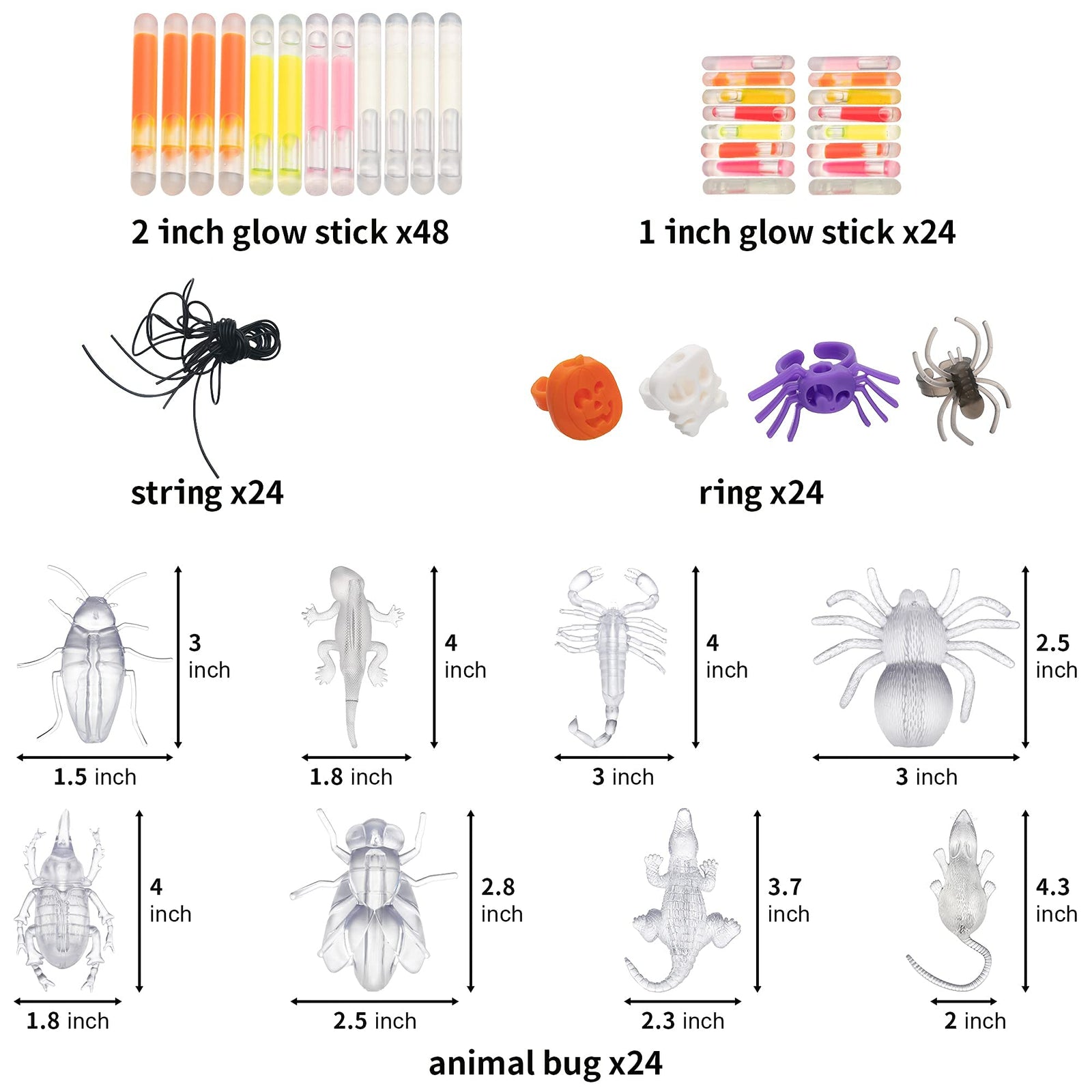 JOYIN 120 Pcs Halloween Light Up Glow Stick Bugs Set with 24 Animals, 24 Rings in 4 Styles, 24 Strings and 48 Glow Sticks for Halloween Trick or Treat Glow in the Dark Party Favors, Goodie Bag Fillers