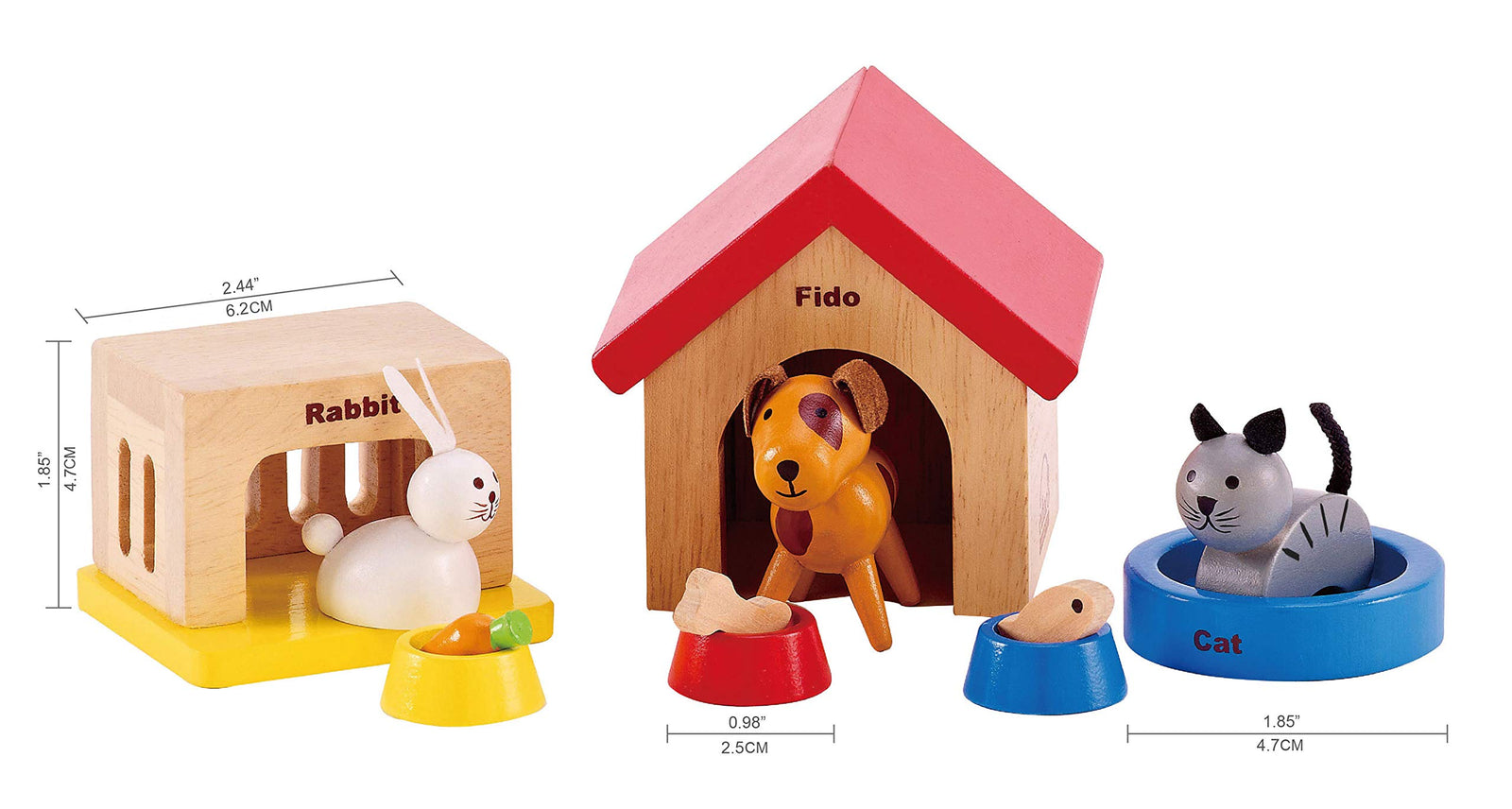 Family Pets Wooden Dollhouse Animal Set by Hape | Complete Your Wooden Dolls House with Happy Dog, Cat, Bunny Pet Set with Complimentary Houses and Food Bowls
