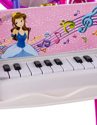 WolVolk 2-in-1 Vanity Set Girls Toy Makeup Accessories with Working Piano & Flashing Lights, Big Mirror, Cosmetics, Working Hair Dryer - Glowing Princess Will Appear When Pressing The Mirror-Button
