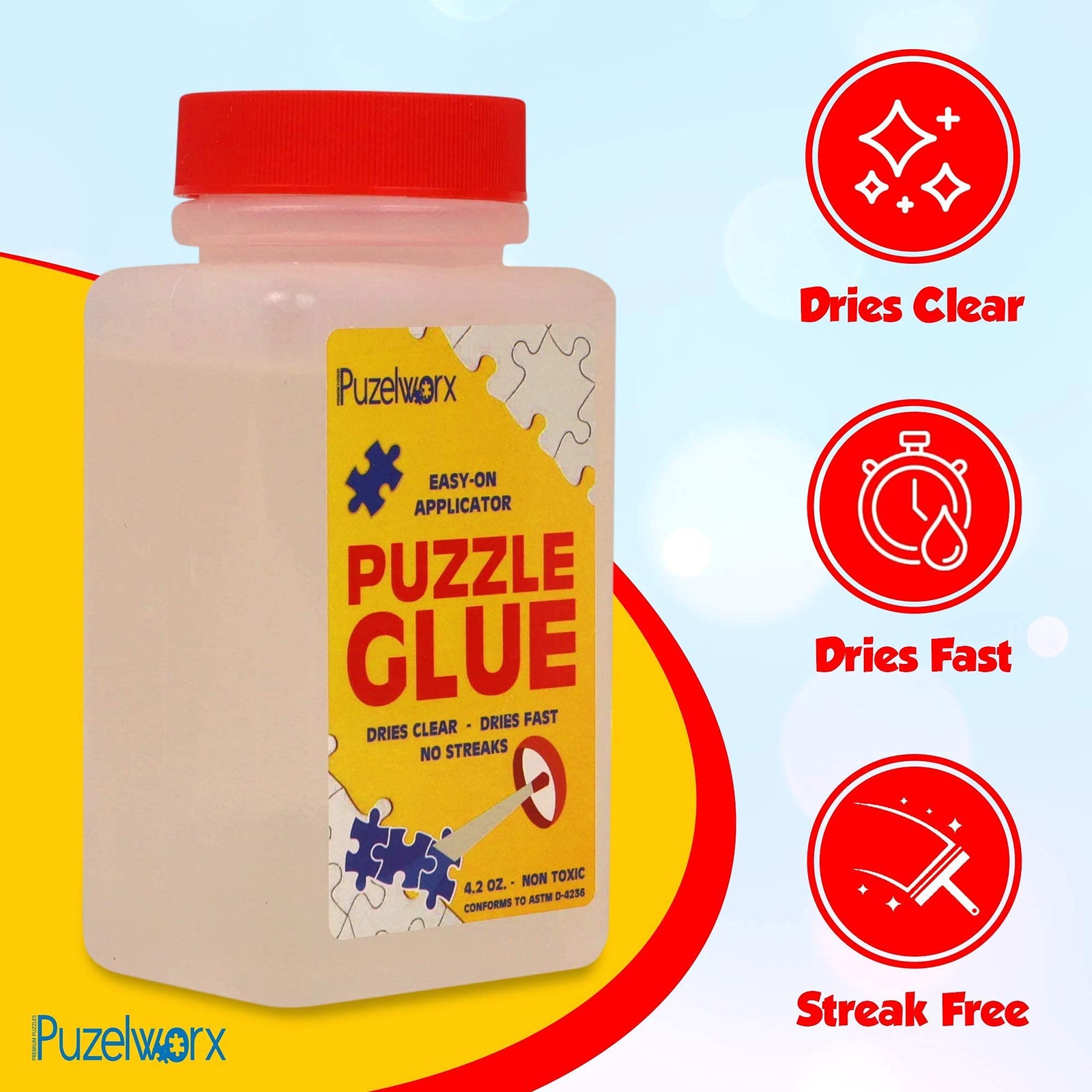 PuzzleWorx Easy-On Applicator Puzzle Glue, Pack of 2, Non Toxic Clear Glue for 1000 Piece Puzzles 4.2 oz Each Bottle (Total 8.4)