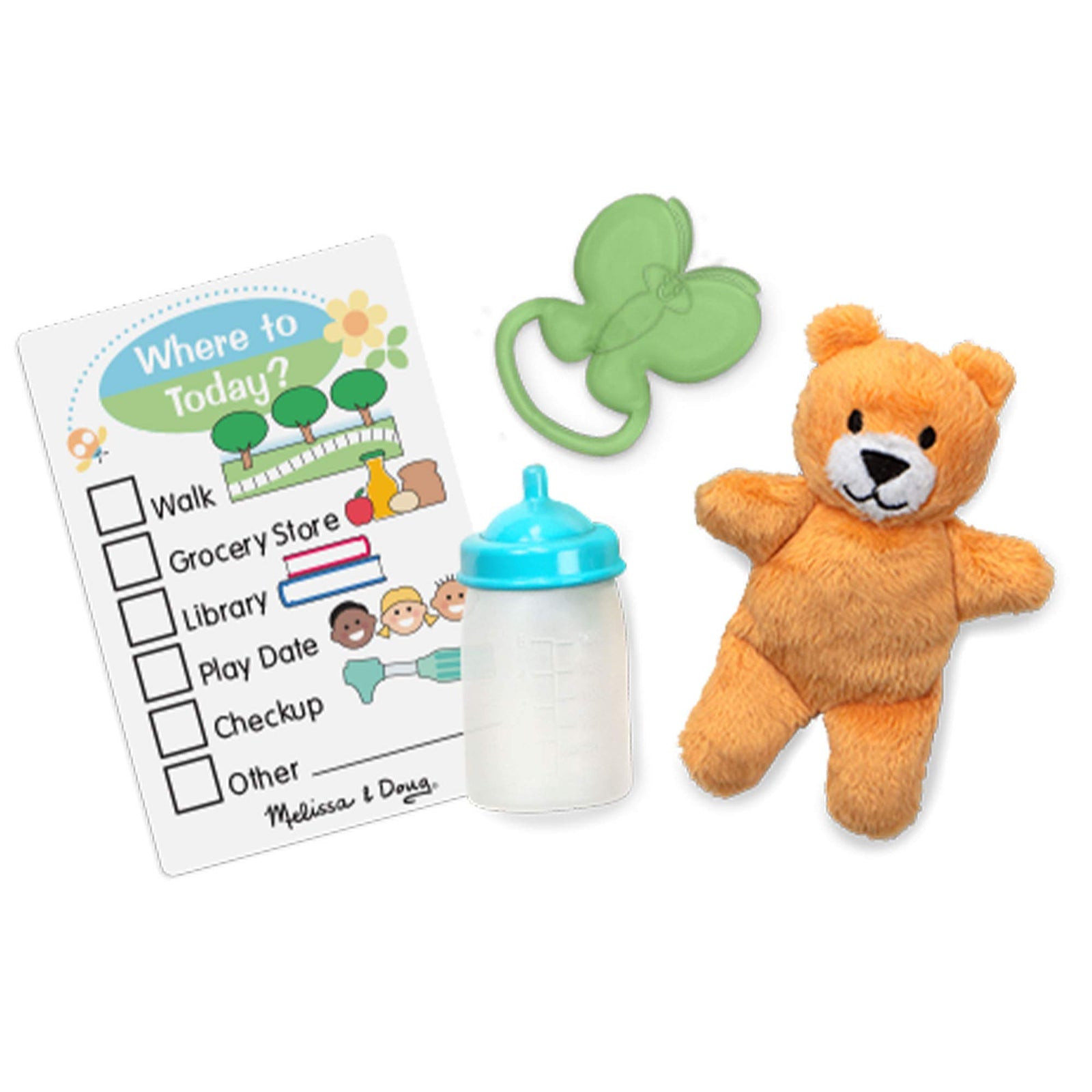 Melissa & Doug Mine to Love Carrier Play Set for Baby Dolls with Toy Bear, Bottle, Rattle, Activity Card