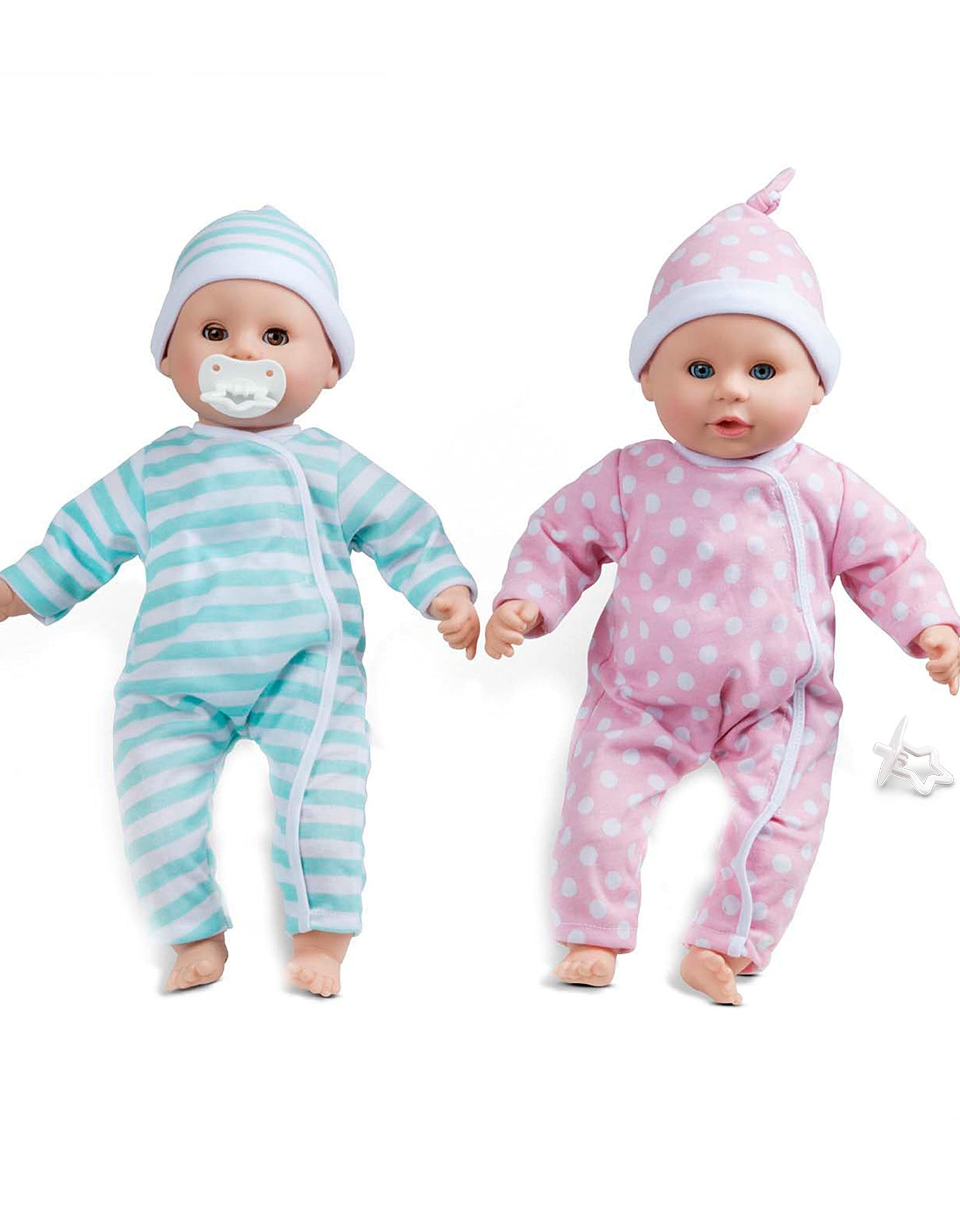 Melissa & Doug Mine to Love Twins Luke & Lucy 15” Light Skin-Tone Boy and Girl Baby Dolls with Rompers, Caps, Pacifiers