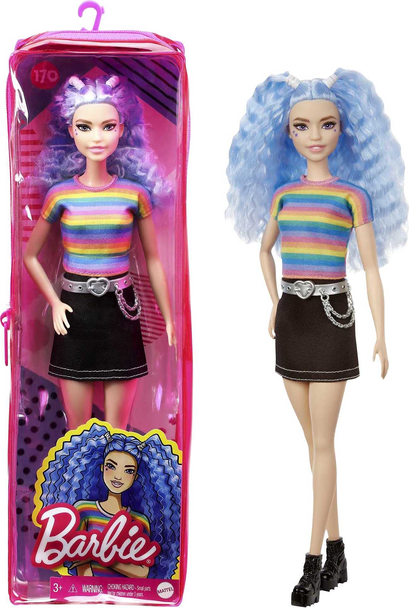 Barbie Fashionistas Doll # 170, Rainbow Striped Top & Black Skirt, Toy for Kids 3 to 8 Years Old