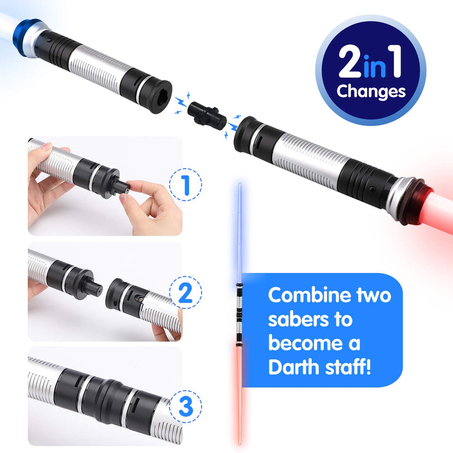 TOY Life Light Up Saber 2 Pack Telescopic Extendable & Collapsable Laser Sword 2-in-1 LED + Sound FX(Motion Sensitive) Double Bladed Dual Light Up Sword for Kids Halloween Dress Up Parties Costume