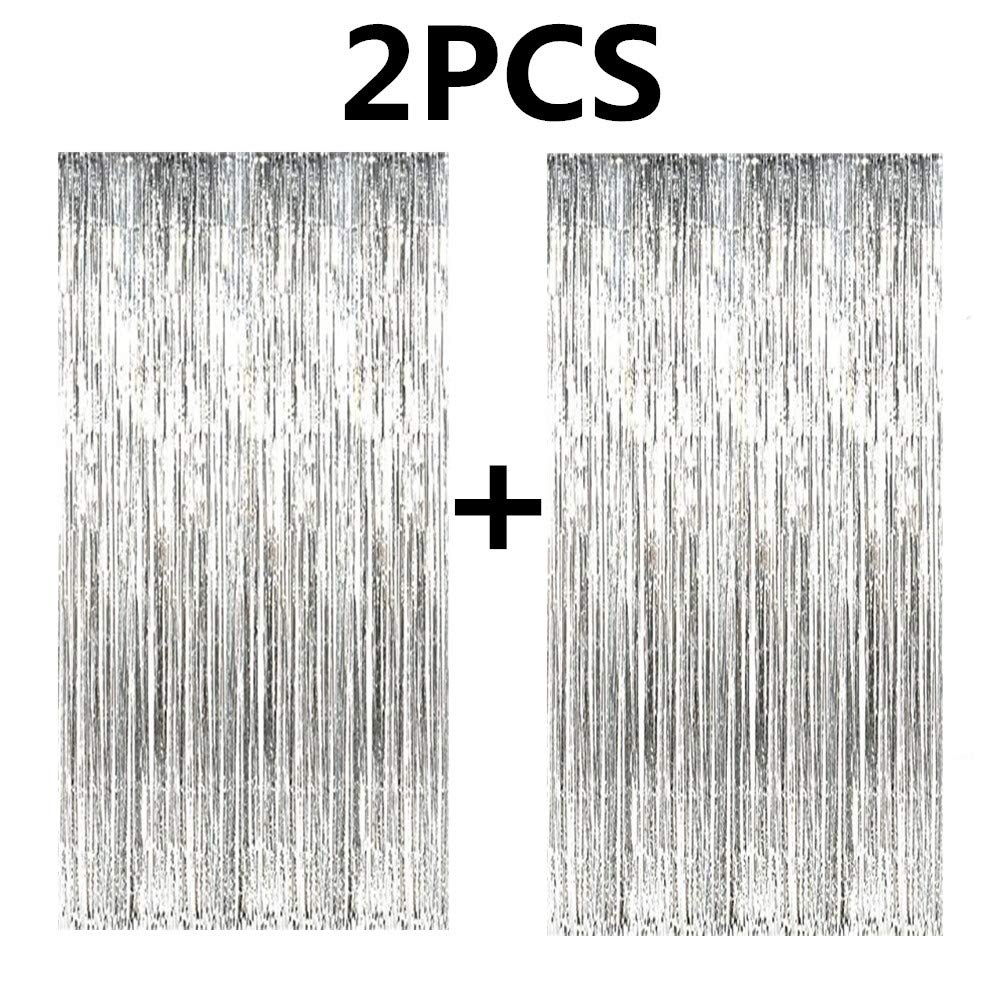 Fecedy 2pcs 3ft x 8.3ft Silver Metallic Tinsel Foil Fringe Curtains Photo Booth Props for Birthday Wedding Engagement Bridal Shower Baby Shower Bachelorette Holiday Celebration Party Decorations