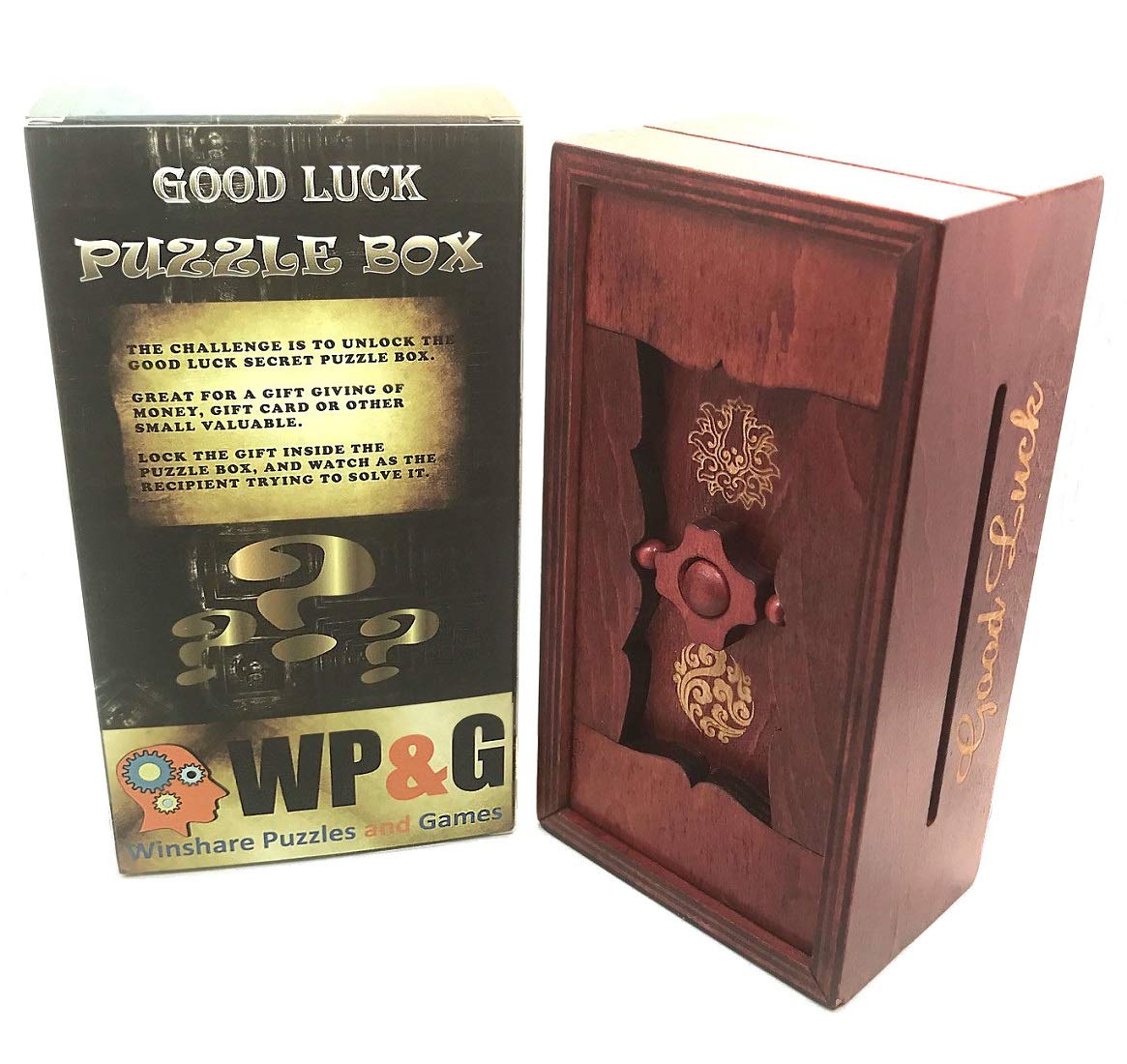 Good Luck Puzzle Box Secret - Money and Gift Card Holder in a Wooden Magic Trick Lock with Hidden Compartment Piggy Bank Brain Teaser Game