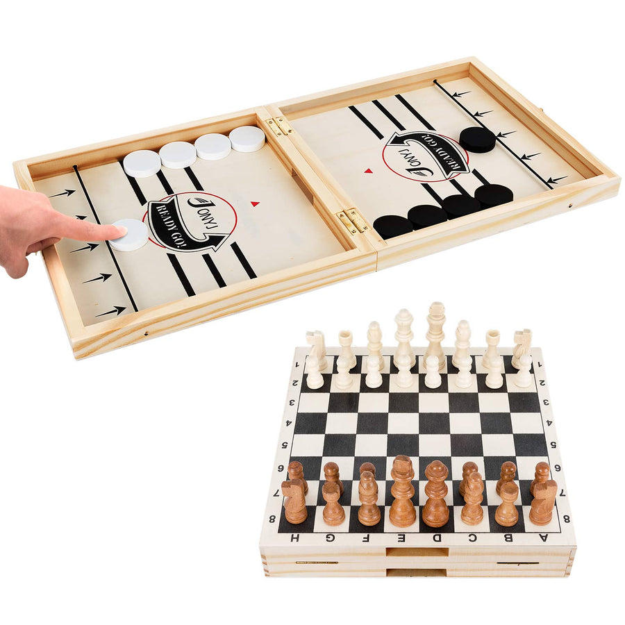 JONYJ Fast Sling Puck Game Paced & International Chess, 2 in 1 Table Desktop Battle, Large Winner Board Game Toys Ice Hockey Game for Adults and Kids, Parent-Child Game (22 x 11 in)