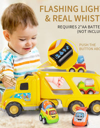TEMI Construction Truck Toys for 1 2 3 4 5 6 Year Old Boys, 5-in-1 Friction Power Toy Vehicle in Carrier Truck, Toddler Toys Car for Boys for Kids Aged 3+
