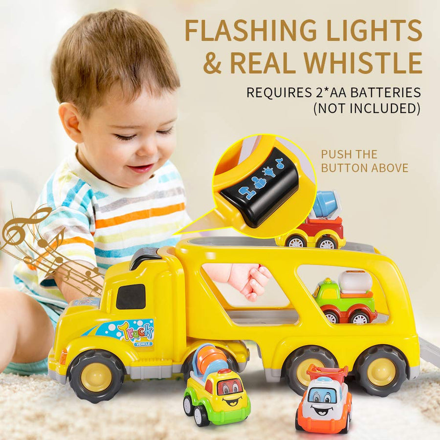 TEMI Construction Truck Toys for 1 2 3 4 5 6 Year Old Boys, 5-in-1 Friction Power Toy Vehicle in Carrier Truck, Toddler Toys Car for Boys for Kids Aged 3+