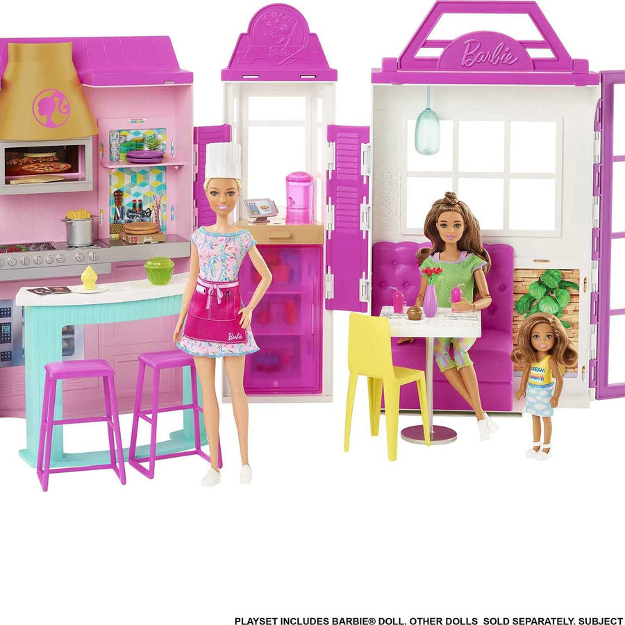 Barbie Cook ‘n Grill Restaurant Playset Doll, 30+ Pieces & 6 Play Areas Including Kitchen, Pizza Oven, Grill & Dining Booth, Gift for 3 to 7 Year Olds