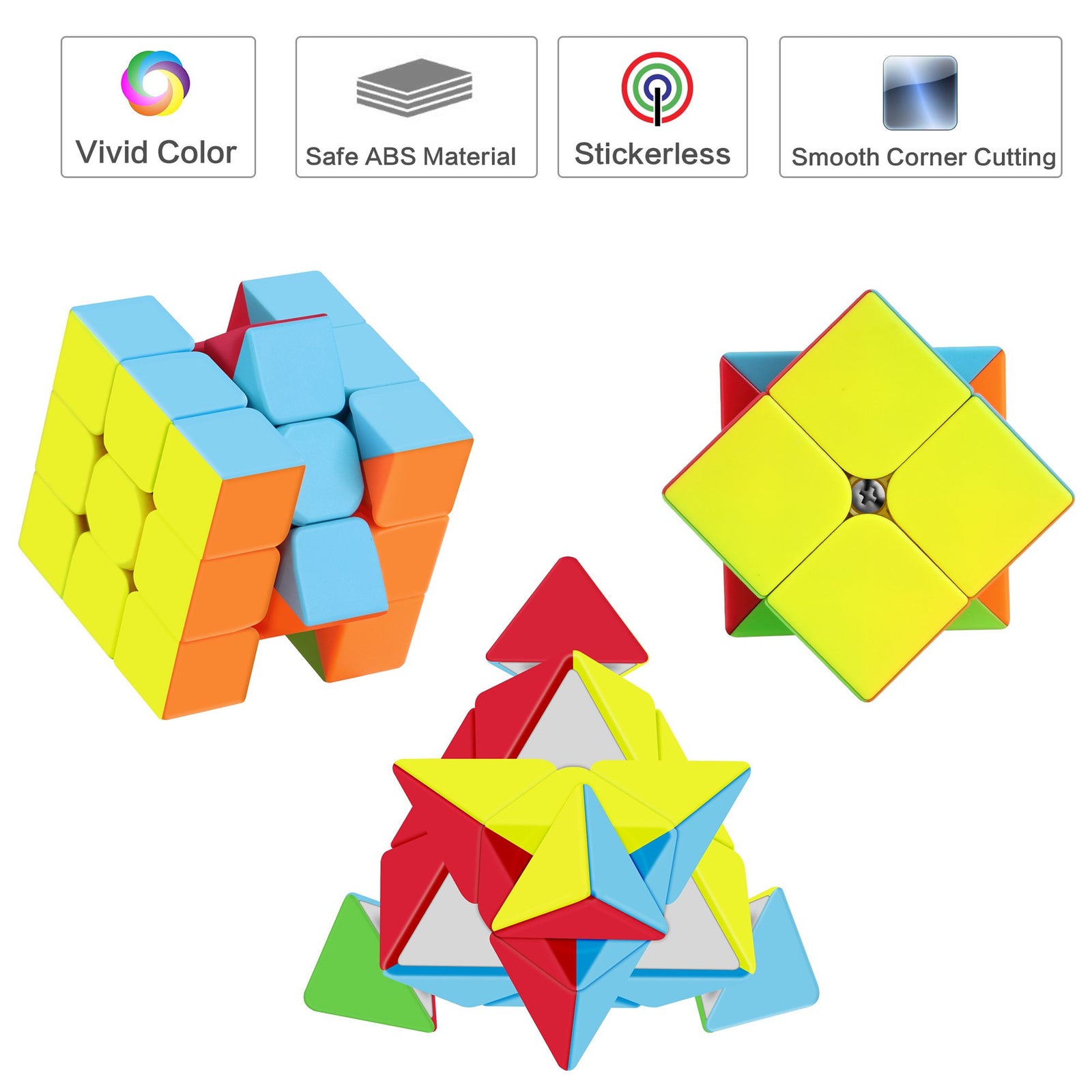 Roxenda Speed Cube Set, Stickerless Magic Cube Set of 2x2x2 3x3x3 Pyramid Frosted Puzzle Cube