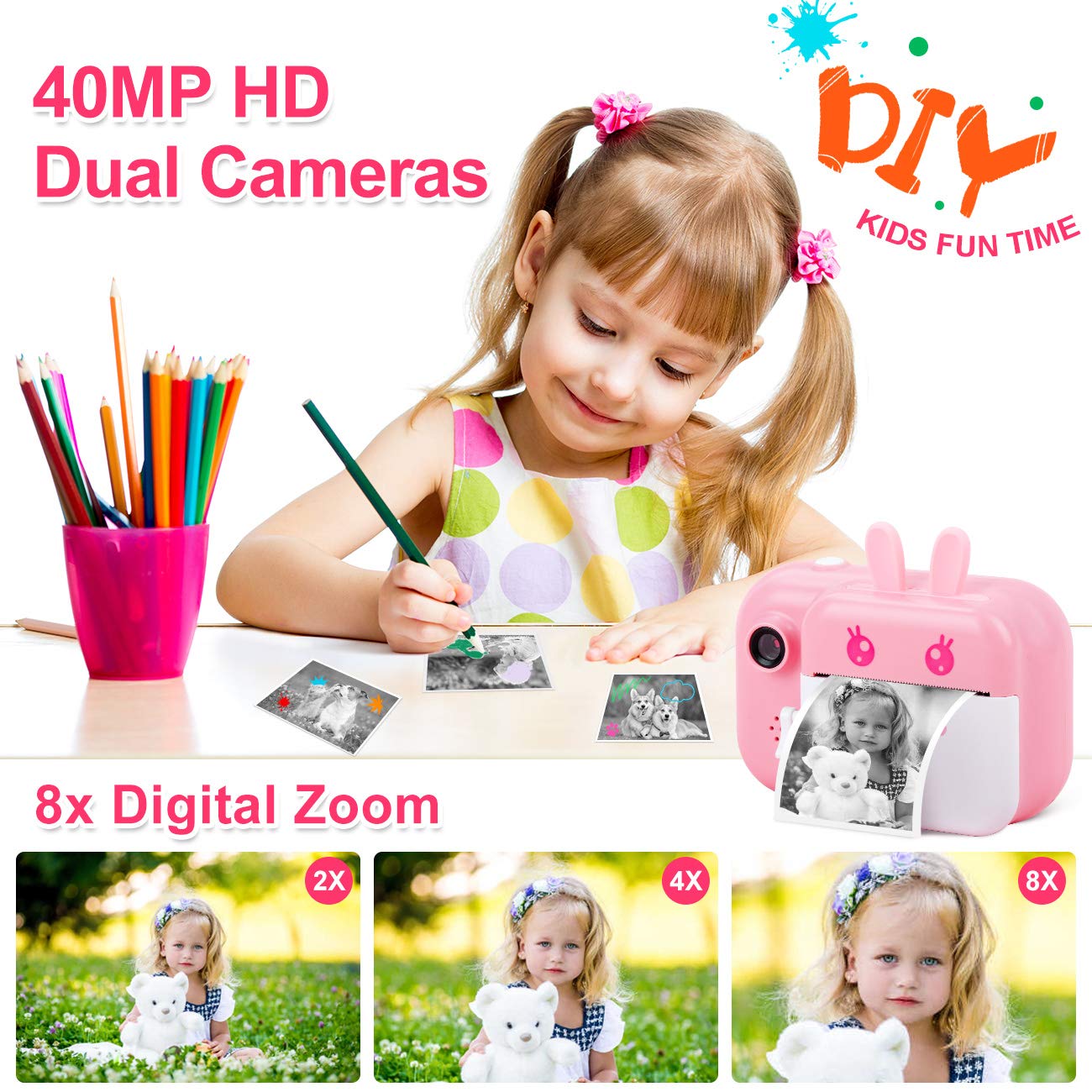 Instant Camera for Kids Digital Camera for Girls Toddler Camera with Print Paper, 40MP Kids Video Camera Child Selfie Camera Toy Camera Kids Camcorder with 2.4 Inch Screen and 32GB TF Card (Pink)