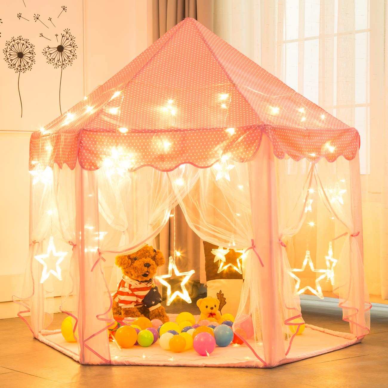 Sunnyglade 55'' x 53'' Princess Tent with 8.2 Feet Big and Large Star Lights Girls Large Playhouse Kids Castle Play Tent for Children Indoor and Outdoor Games Children's Day Gift