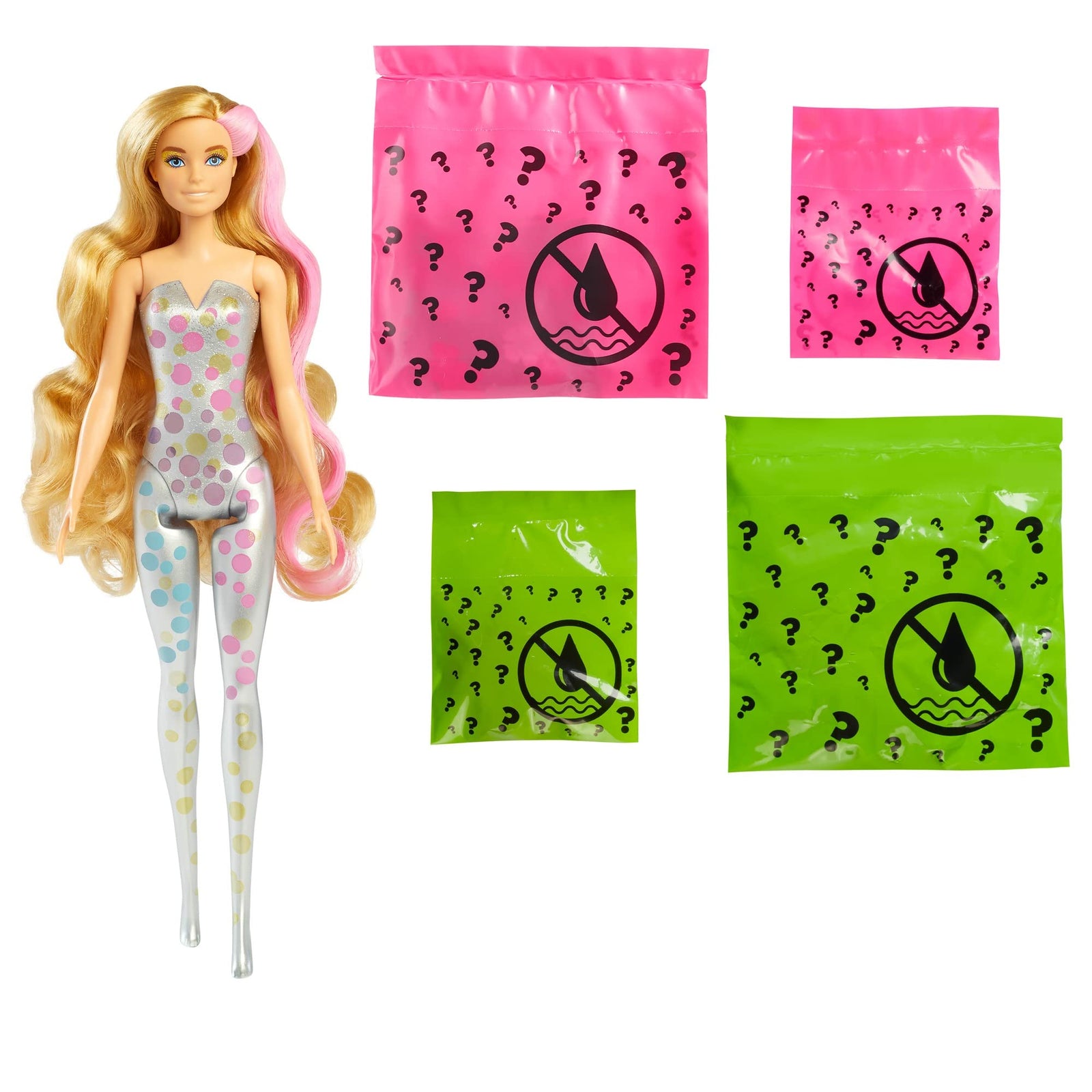 Barbie Color Reveal Doll with 7 Surprises: 4 Bags Contain Skirt, Shoes, Earrings & Brush; Water Reveals Confetti-Print; Doll’s Look & Color Change on Hair & Face; Party Series